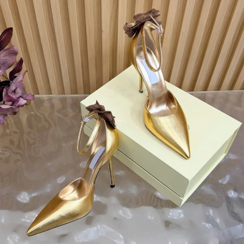 New Metallic Pointed High Heels Sandals Rhinestone Flower Decorative Stiletto Dinner Elegant Lady Sandals Shoes