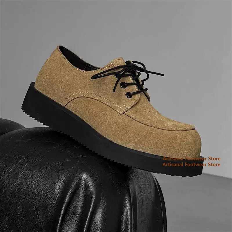 

Мужские туфли дерби на толстой подошве с круглым носком, коричневые замшевые туфли, увеличивающие рост, модные черные кожаные повседневные туфли в британском стиле