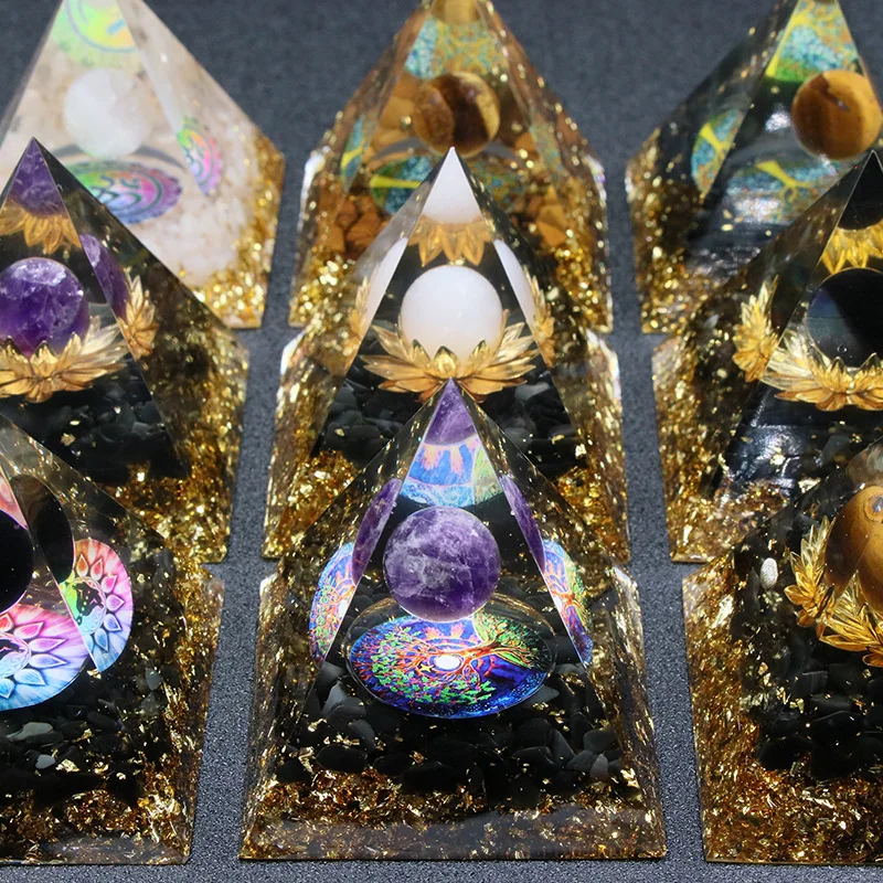 

Healing Reiki Natural Crystal Ball Crushed Stone Chakra Energy Generator Pyramid Resin Orgonite Pyramid Home Decor Car Ornaments