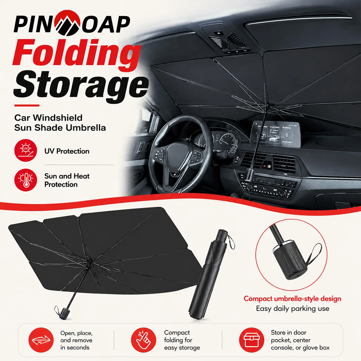 PINMOAP Car Front Windshield Sun Shade Umbrella Compact Foldable Sunshade UV Protection Heat Blocking Auto Interior Sun Shield