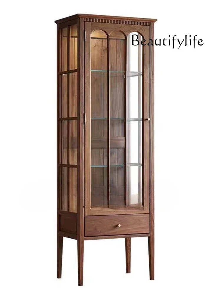 

American light luxury retro solid wood medium ancient style walnut color glass cabinet simple dining side cabinet