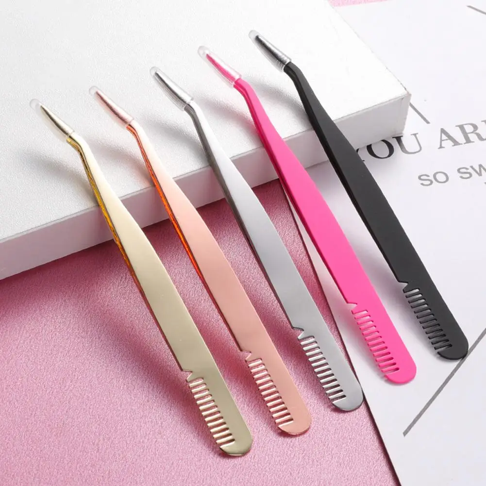 Eyelash Tweezers Stainless Steel Eyelash Extension Tweezer with Comb False Lash Application Tool for Girls Women Beginner Makeup