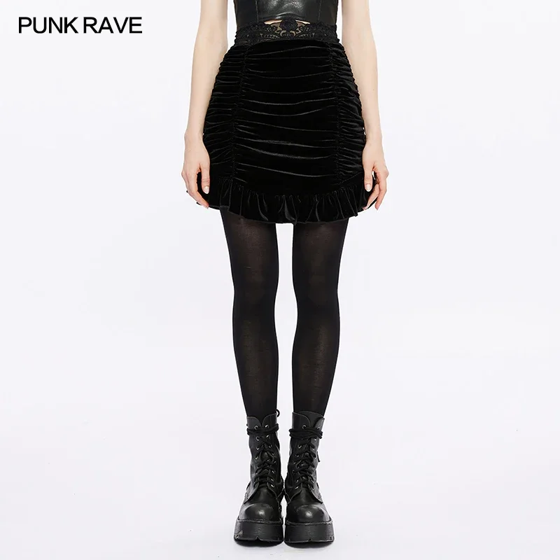 PUNK RAVE Women\'s Gothic Drawstring Sheath Velvet Fit  Short Skirt Fashion Personality Nimi Black Sexy Skirts Women