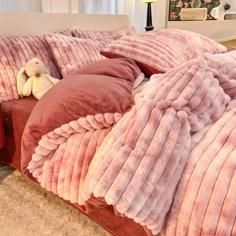 Light luxury thickened rabbit velvet milk velvet four-piece winter warm quilt cover bed sheet bedding