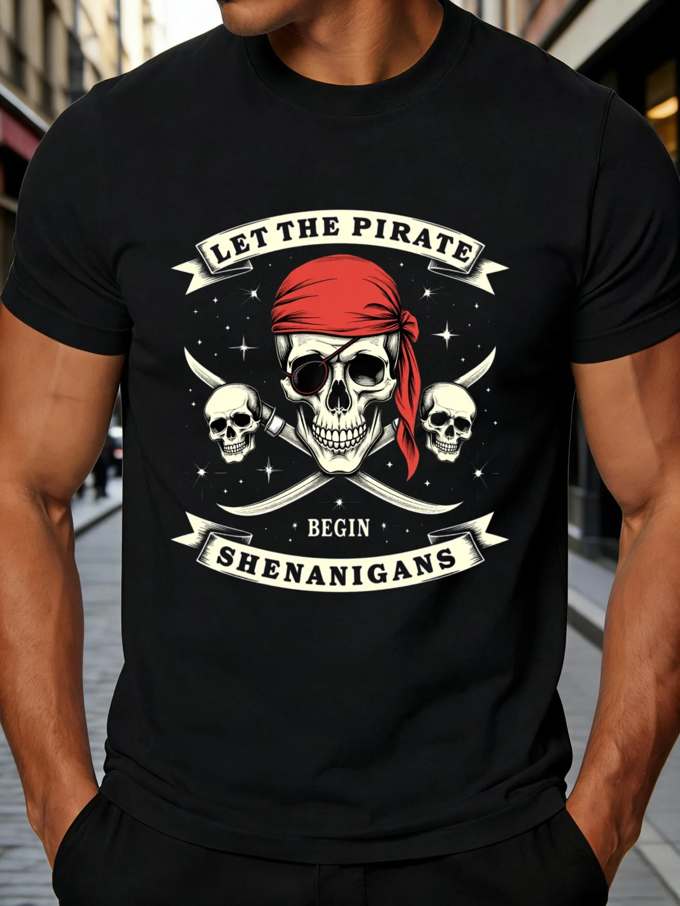 Pirate Skull and Crossbones Design Men's T-Shirt, Featuring a Red Bandana and Eye Mask, with the Slogan 