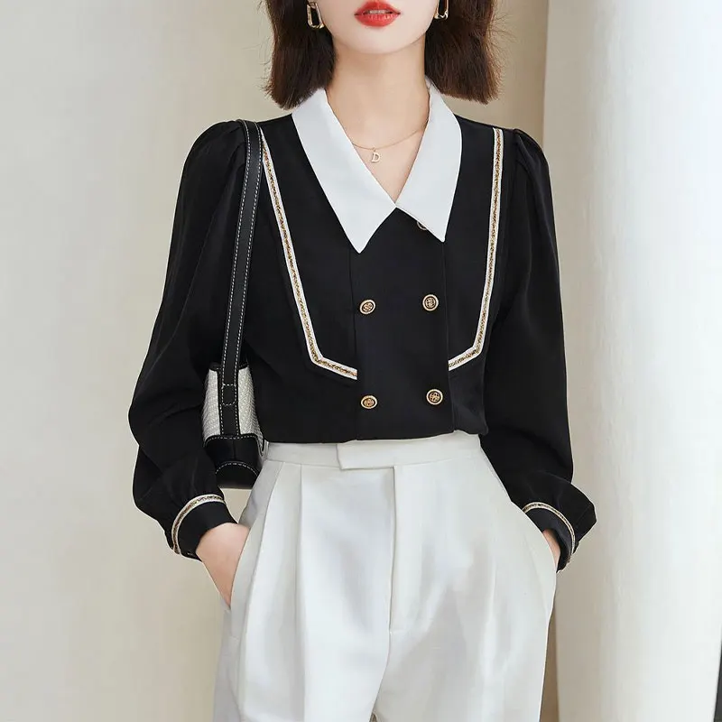 Preppy Style Solid Color Chic Button Blouse All-match Stylish Bright Line Decoration Female Spring Autumn Peter Pan Collar Shirt