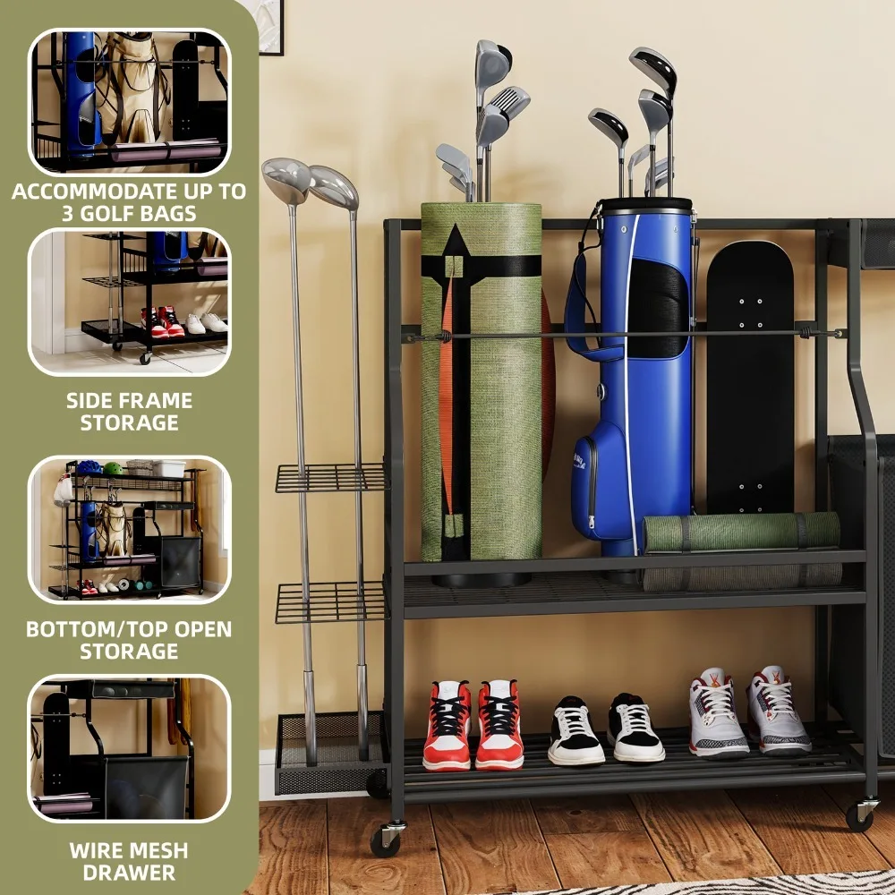 Heavy Duty Steel Rolling Sports Equipment Organizer Rack Garage Golf Bag Storage