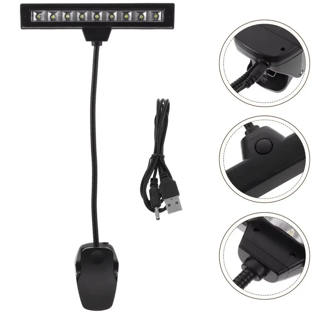 High Quality Black LED Clip Light USB Rechargeable With 10 Lights Music Stand Light Portable Bedroom Night Light Desktop