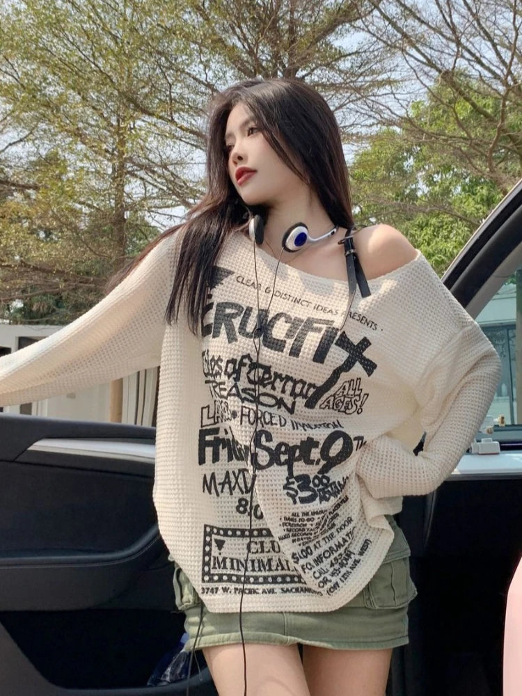 

Y2k Aesthetic Gothic Grunge Hoodie Women Harajuku Off Shoulder Sexy Pullover Punk Letter Print Streetwear Oversized Tops Clothes