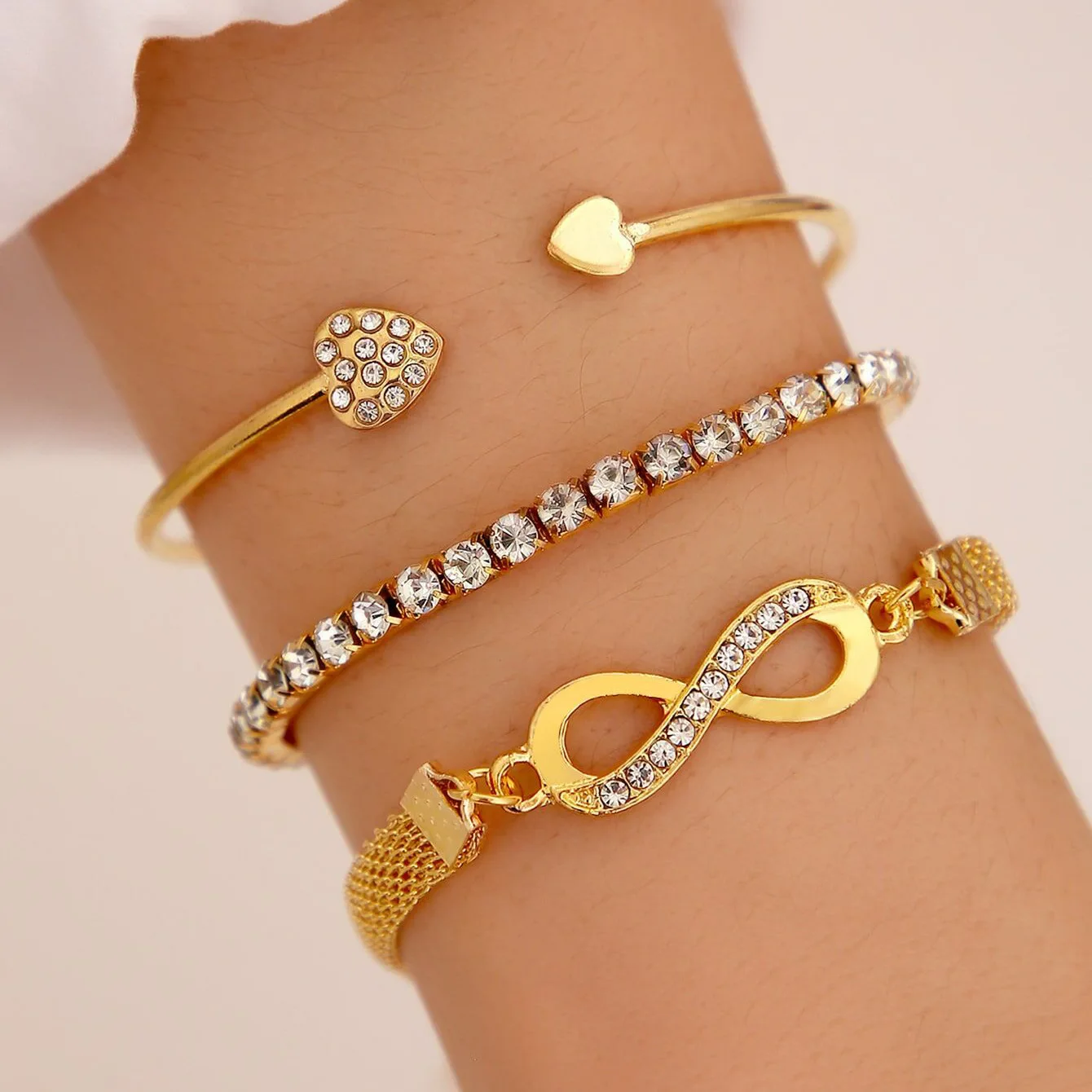 3Pcs Women Heart Open Bracelet Set Fashion Crystal Tennis Chain Bangle For Girls Trend Party Jewelry Accessories