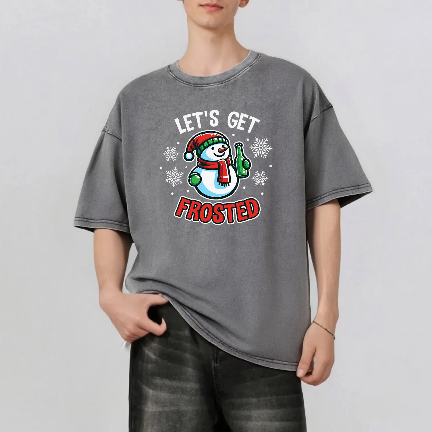 

Christmas Snowman Graphic Printing Men's Summer Retro Style Washed Water T-Shirt Casual Short Sleeved Basic Men's Top 230G