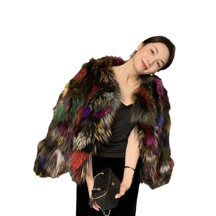 2024 autumn and winter new high-end fashion rainbow color round neck contrasting real fox fur grass jacket looks slim for young