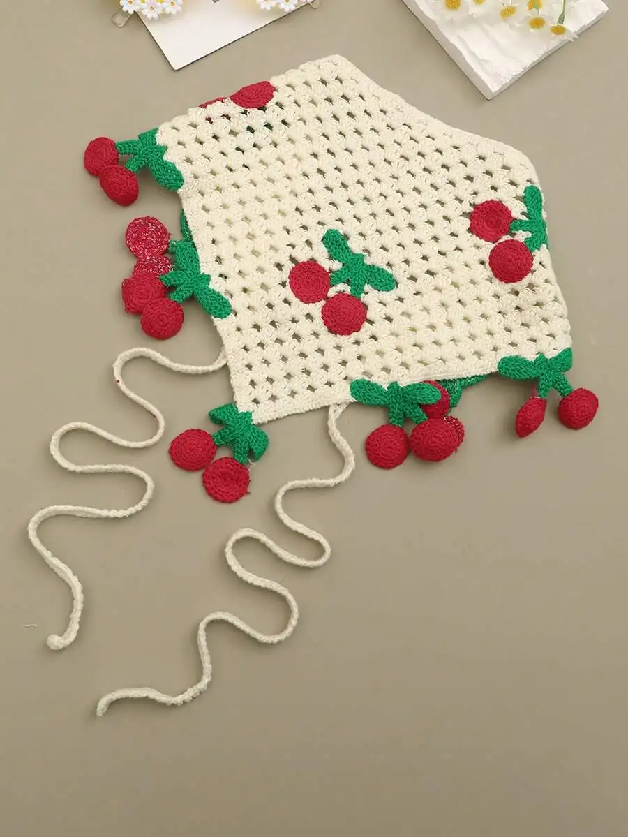 

Crochet Cherry Print Triangular Bandana Headband For Women Summer Beach Hair Accessory