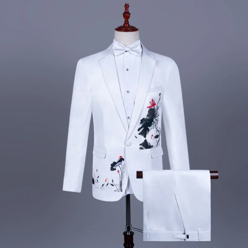 Men Suits Costumes White Chinoiserie Suit Gown Cantata Compere Singer Performance Mens Suits 2 Piece