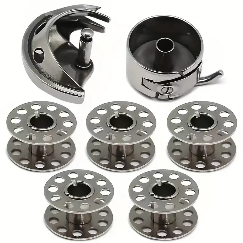 7-piece set of vintage sewing machine accessories: durable metal shuttle core, shuttle shell hook, and shuttle core box