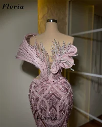 Vestidos De Fiesta Pink Beaded Crystals Evening Dresses Plus Size Ruffles Shoulder Party Dress Customized Dubai Girls Prom Dress