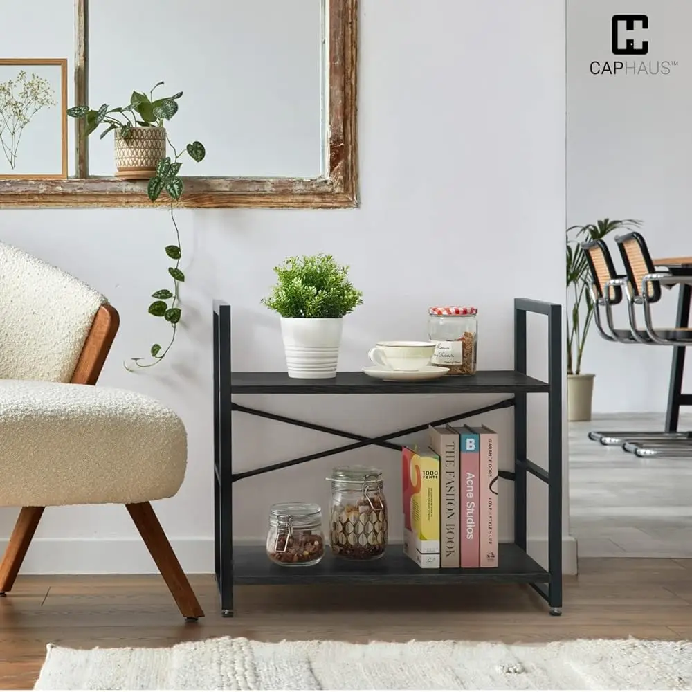 2 Tier Small Bookshelf, 24 H Width Free Standing Shelf, Bookcase Shelf Storage Organizer, Industrial Book Shelves For Home