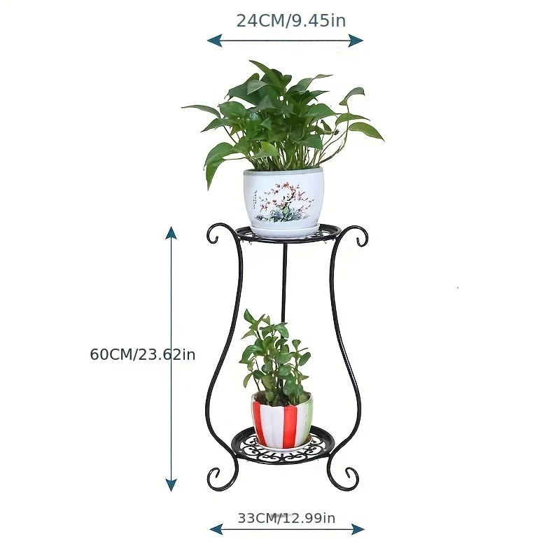 -Tier Metal Plant Stand, 23.62 Inch Tall, Rustproof Iron Flower Pot Rack, Classic Style, Indoor/Outdoor Use, For Garden, Patio
