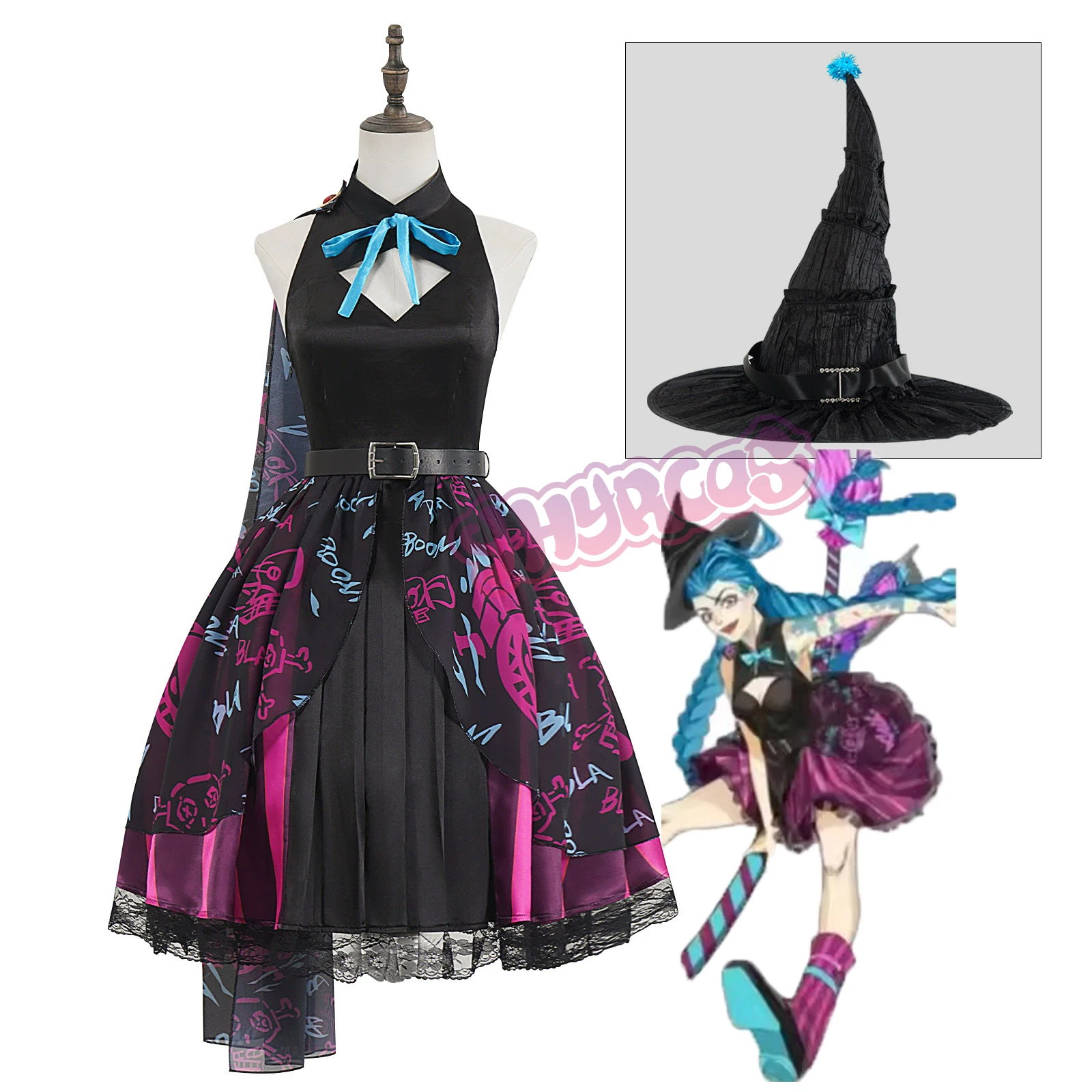 

Sexy LOL Arcane Jinx Cosplay Costume Anime Black Mesh Skirt Princess Dress Hat Wig Adult Woman Sexy Halloween Christmas Suit