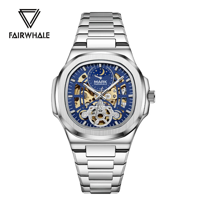 

Mark Fairwhale бренд Tourbillon Skeleton Роскошные деловые автоматические часы мужские квадратные водонепроницаемые механические часы с фазой Луны мужские