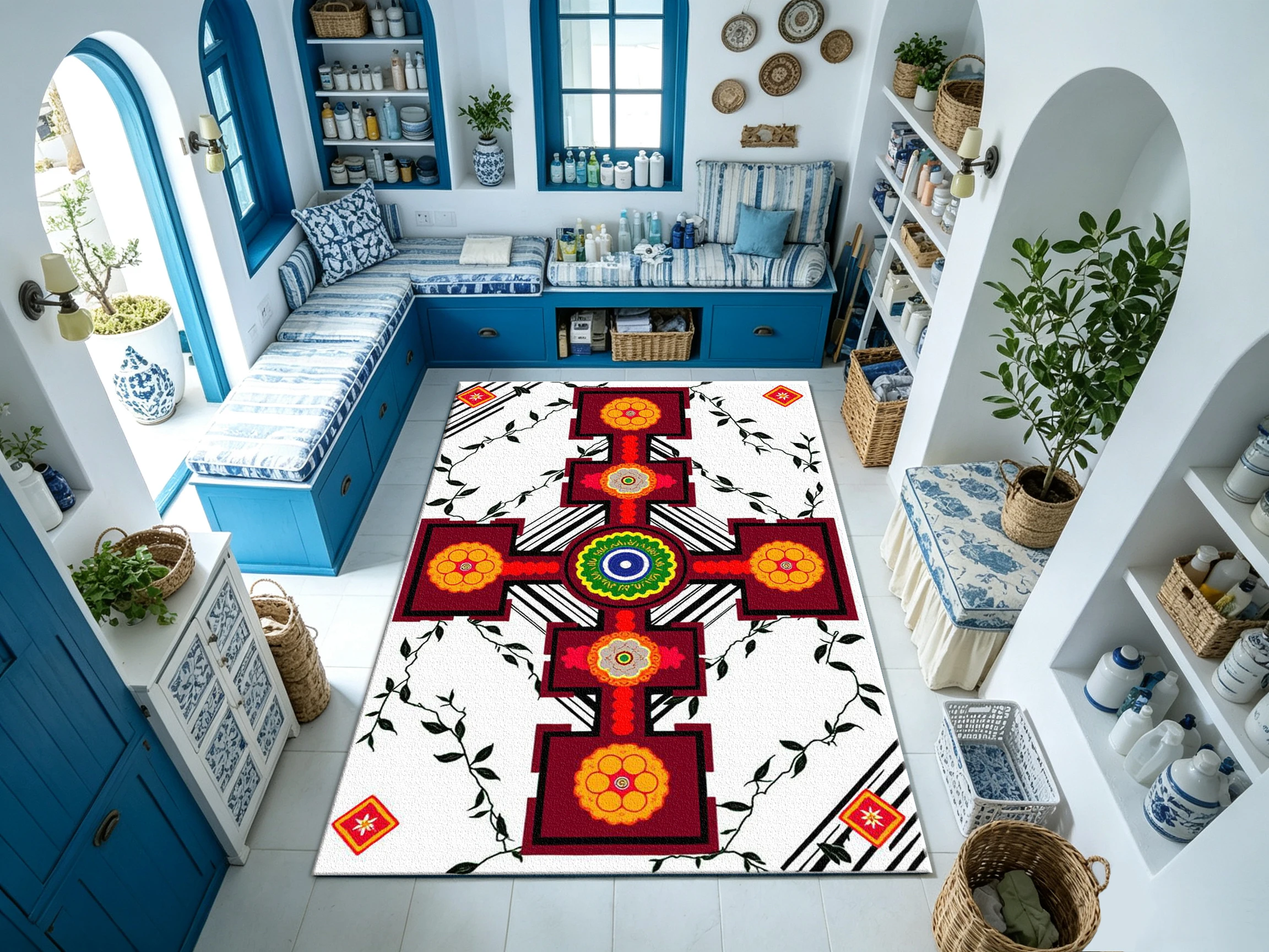 Bohemian Ethnic Style Cross Mandala Carpet with Vintage Gorgeous Geometric Patterns, Suitable for Living Room, Bedroom, Hall, and Home Decoration