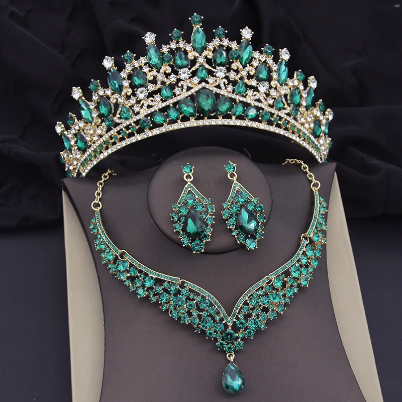 Green Crystal Crown Wedding Necklace Earring Sets Luxury Bridal Jewelry Sets for Women Prom Tiaras Bride Dubai Jewelry Sets