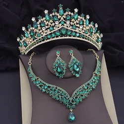 Green Crystal Crown Wedding Necklace Earring Sets Luxury Bridal Jewelry Sets for Women Prom Tiaras Bride Dubai Jewelry Sets