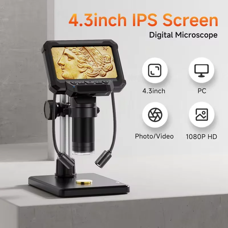 TOP4.3inch Microscope Digital Coin Microscope 1600X Coin Magnifier with Lights HD Microscope for PCB Repair Plants PC View