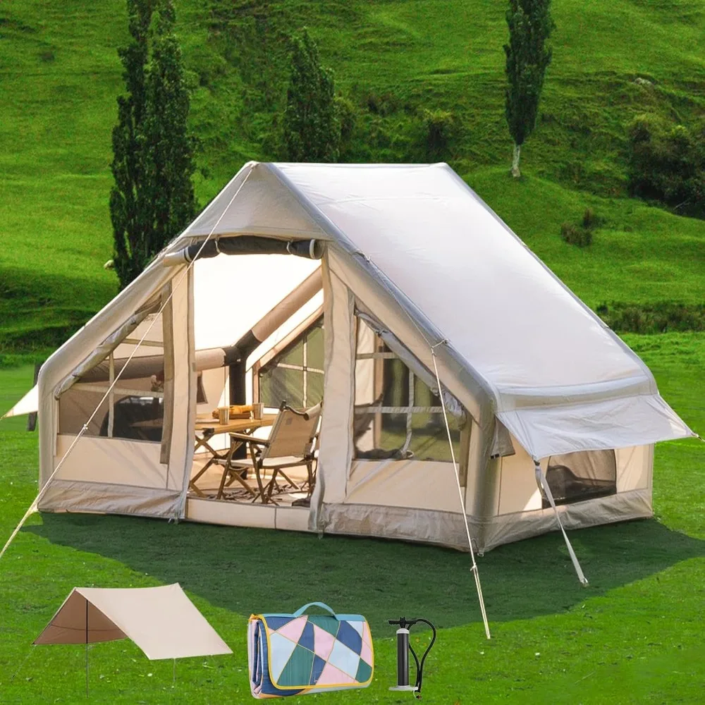 Inflatable Tent with Porch, Family Cabin Tents for Camping, Big Air House Tent Includes Rainfly, Easy Setup Large Blow Up Tents