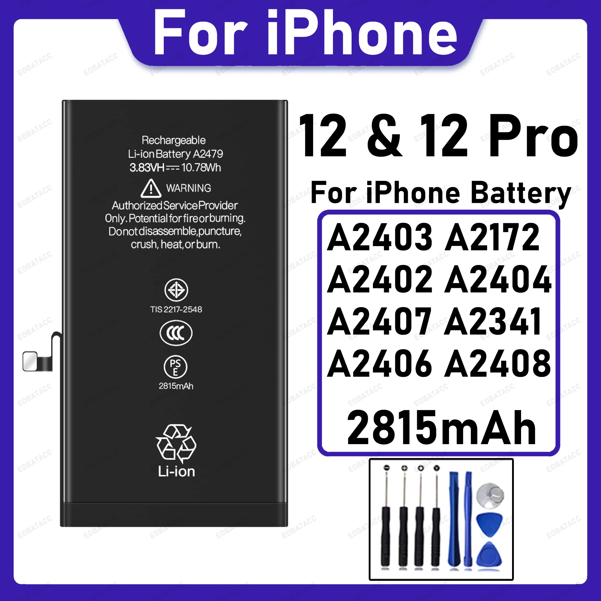 High Capacity Replacement Battery For iPhone 12 & 12 Pro 2815mAh A2403 A2172 A2407 A2341 Safe Stable Long Standby Phone Battery