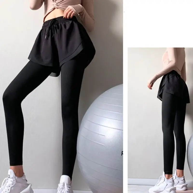 Womens High Rise 2 In 1 Tight Sports Leggings with Shorts Drawstring Waist Solid Color Fitness Running Yoga Workout Long Pants