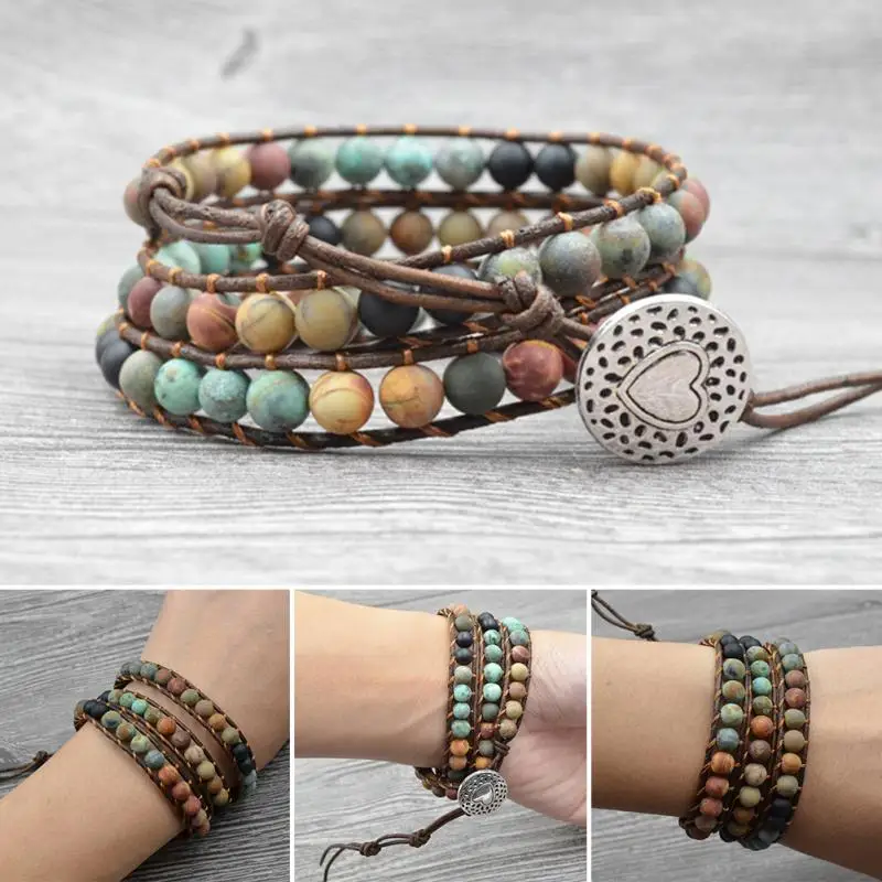 Milangirl Bohemia Jewelry Bracelets 6MM Matte Stone Wrap Leather Bracelets Vintage 3 Strands Multilayer Woven