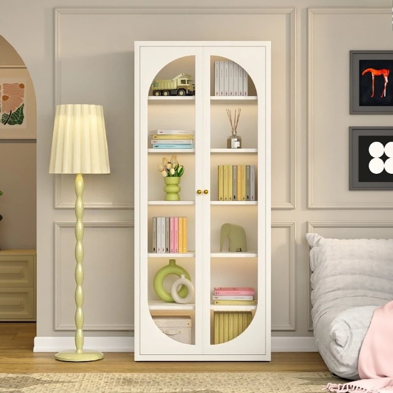 

Cream wind steel bookshelf with door storage dust-proof glass display cabinet crevice small estanterias living room furniture