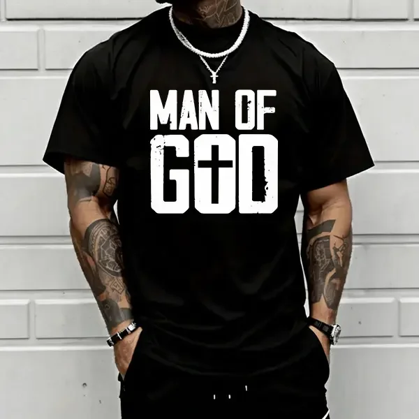 Men's Premium Heavyweight Cotton Round Neck Short-Sleeve Vintage Faith Slogan T-Shirt - Christian Cross Print Punk Streetwear, Casual Party Top (Do Not Bleach)