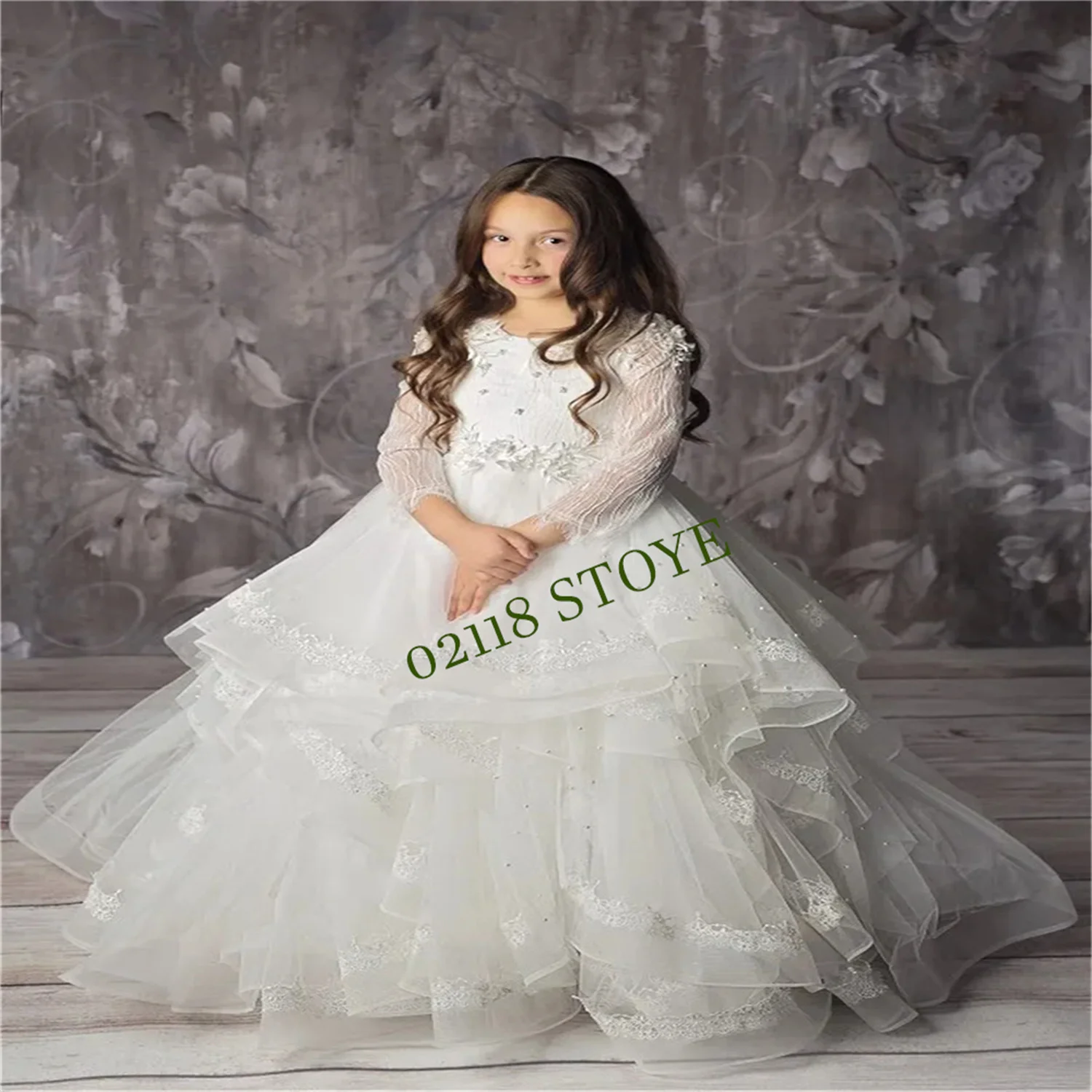 

Flower Girl Dress Lace Appliques Gossamer Party Princess Ball Gown Bow Puffy Child Crewneck Kids First Communion Customized