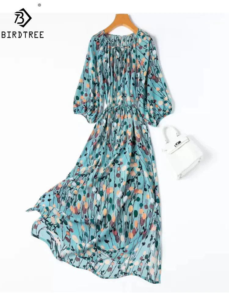 

BirdTree, 100%Real Silk Elegant Dresses, Women 3/4 Sleeve V Neck Printed, French Lace-up Party Dress, 2024 Summer New D45608QM