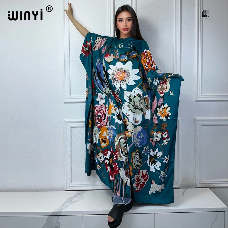 WINYI summer fashion dresses for women luxury flower print muslim woman dubai Free Size Design Maxi Loose African Elegant Dress