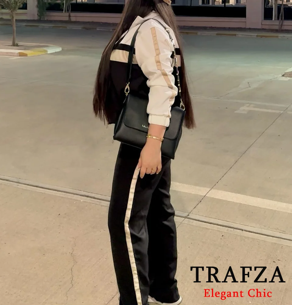 TRAFZA-Women Fashion Side Stripe Jacket Pant Set Zipper Contraste Jacket + Pant 2 Pieces Set New Spring Autumn Sports Style Suit