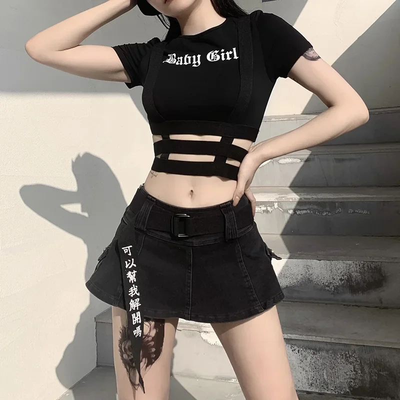 Insdoit Harajuku streetwear cargo black T shirt punk goth sexy hollow out short sleeve cropped tops women letter print tshirt js