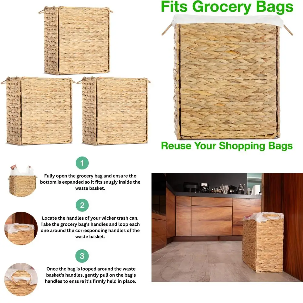 

Reusable Grocery Bag Trash Can - 3 Pack Wicker Waste Basket for Eco-Friendly Shopping