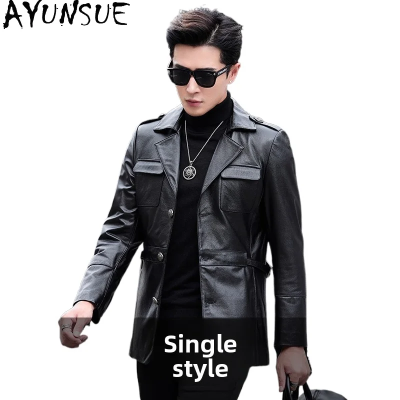 

AYUNSUE Spring Autumn 100% Real Cowhide Men Leather Jacket Mid-length Vintage Genuine Leather Jackets Man White Duck Down Coat