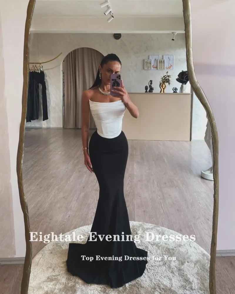 Eightale Black and White Evening Dress Prom Gown Customized Scoop Pleats Mermaid Wedding Party Dress Robes De Soirée