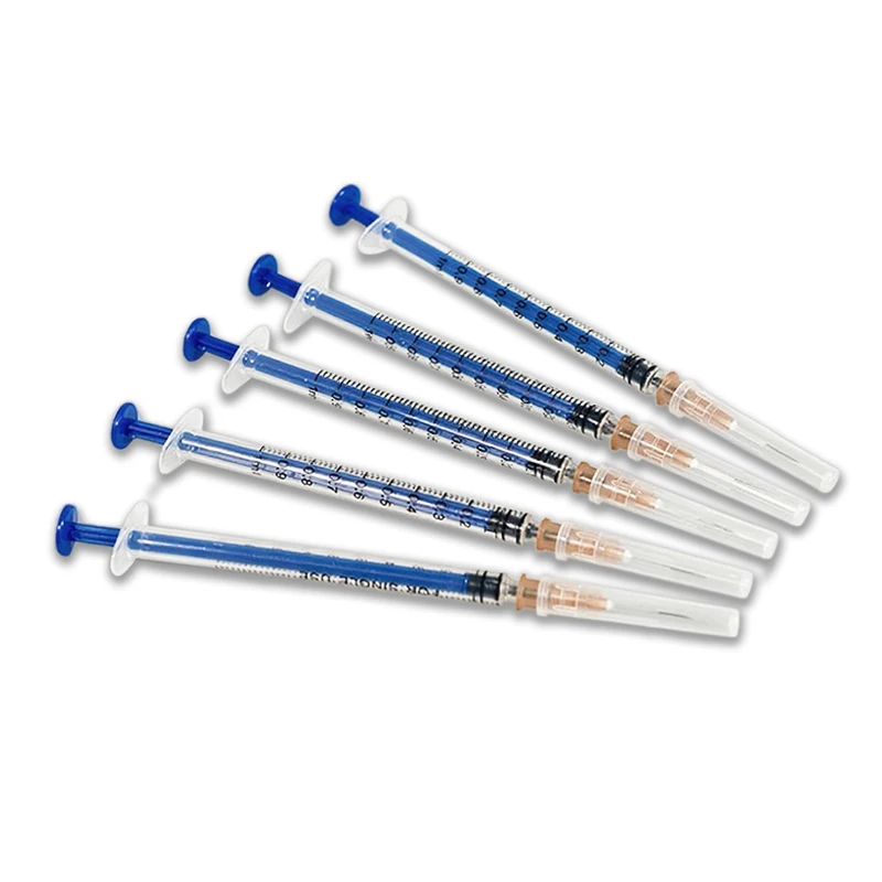 Seringa descartável azul de 1ml/cc, 100 peças com agulha 26g 5/8 polegadas estéril embalada individualmente para distribuição industrial, animais de estimação, animais
