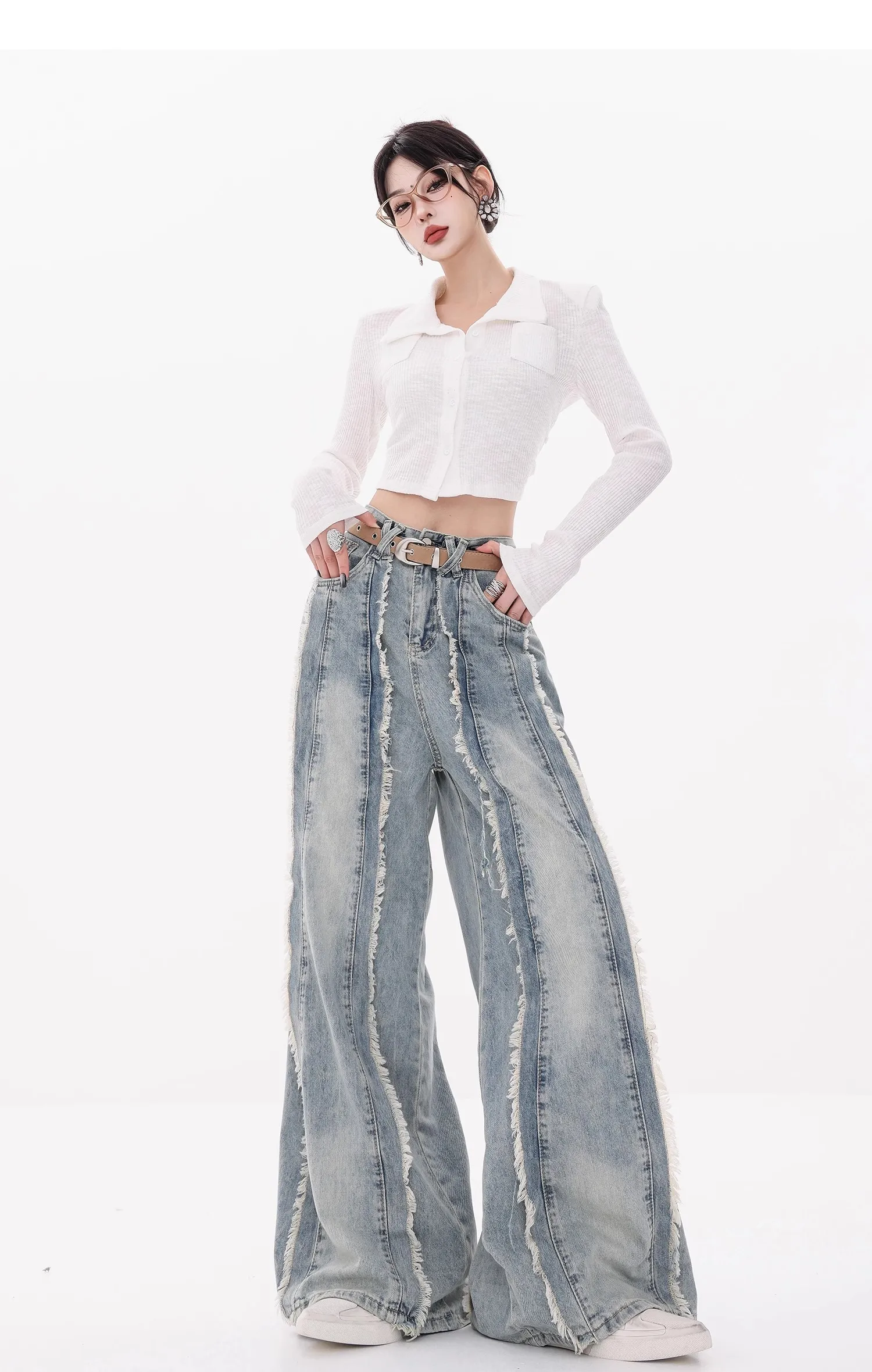 Autumn and Winter Raw Edge Design Y2K Streetwear Washed Blue Baggy Stacked Jeans Pants Women Wide Leg Straight Loose Trousers