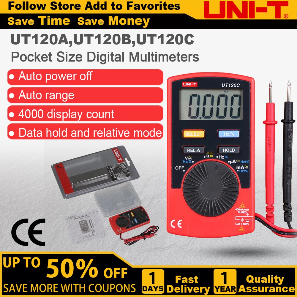 UNI-T UT120A/B/C Pocket Size Stype Digital Multimeter Auto Range Tester DC AC Voltage Diode Mini Electrical Meters LCD Display