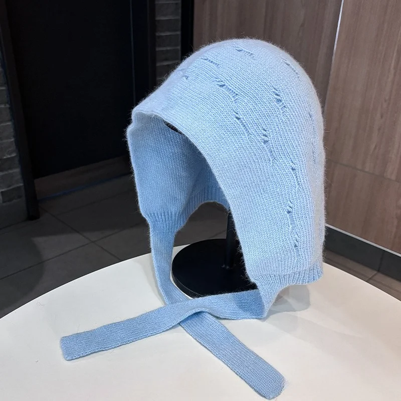 Women Knitted Balaclava Hat Solid Color Hollow Out Tie Earflap Beanie Winter Warm Windproof Soft Hooded Cap for Outdoor Wear