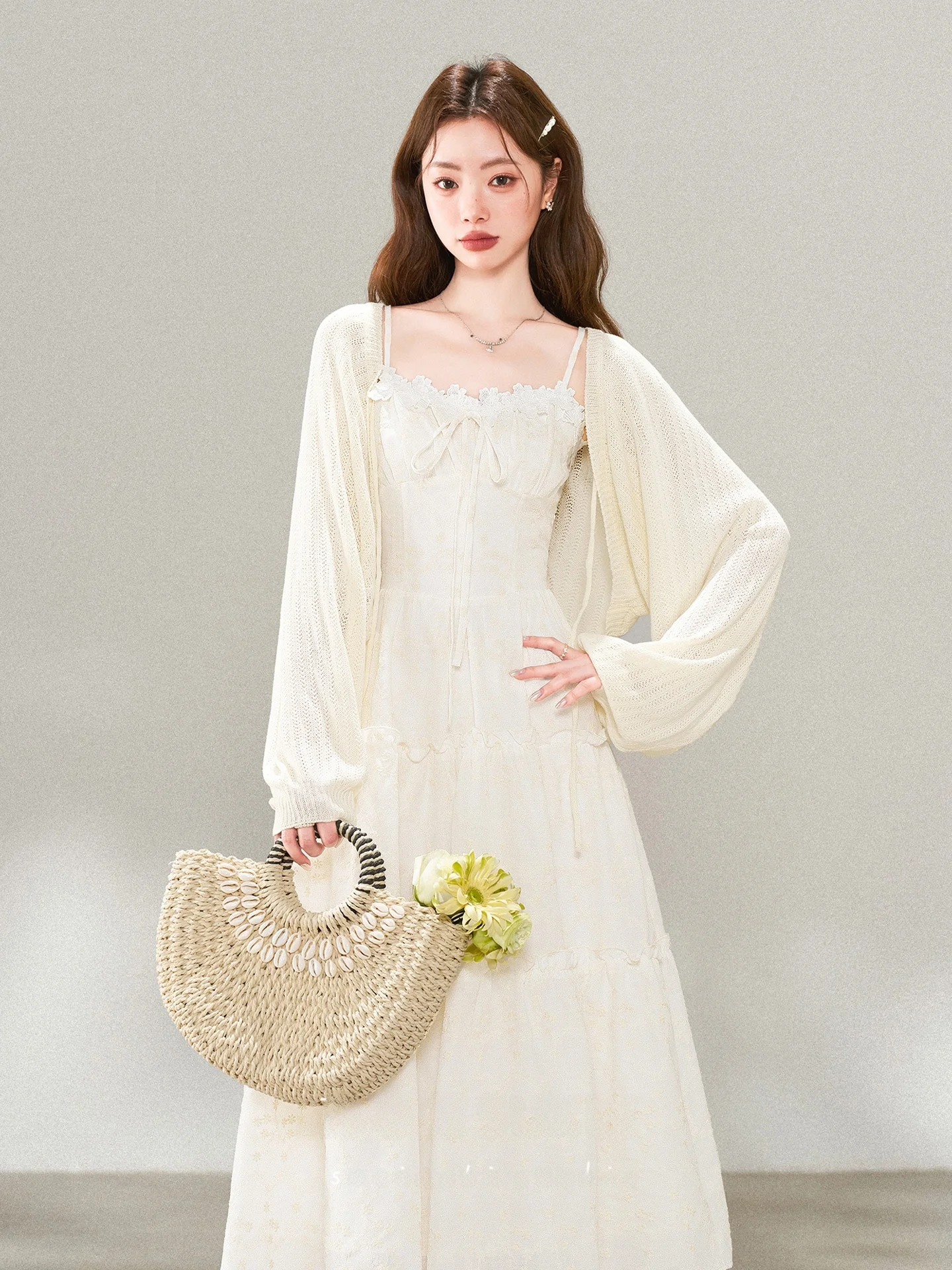 

Elegant Summer New Style Women's Dress Soft Wind Cardigan Tube Dress Two-Piece Set Apricot Color High Waist Slim Fit Long Sleeve