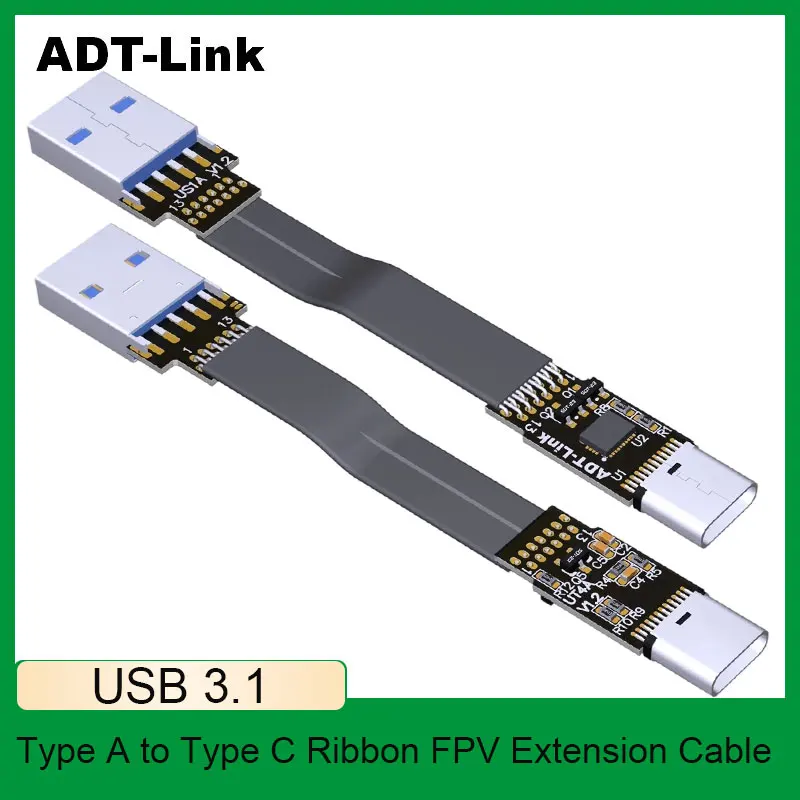 ADT-Link USB 3.1 Male to Female Flat Extension Cable with Chip Type-C 90 Slim Flexible To USB-A Ribbon Riser for Video Card