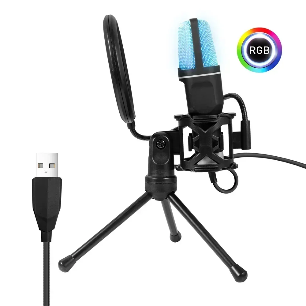 USB Microphone RGB Microfone Condensador Wire Gaming Mic for Podcast Recording Studio Streaming Laptop Desktop PC