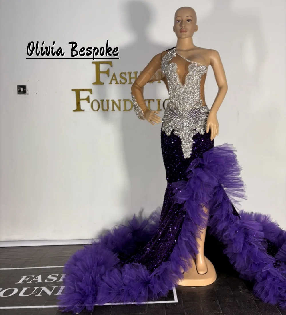 

Purple Tulle Split Mermaid Bride Dresses For Black Girl Rhinestones Crystal Sleeveless Prom Dress Formal Robe de Customized